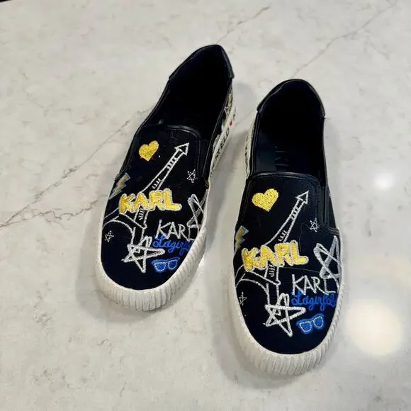 Karl Lagerfeld Paris Jazlyn Slip On Sneakers Size 8 Black Embroidered Graffiti - Picture 13 of 16